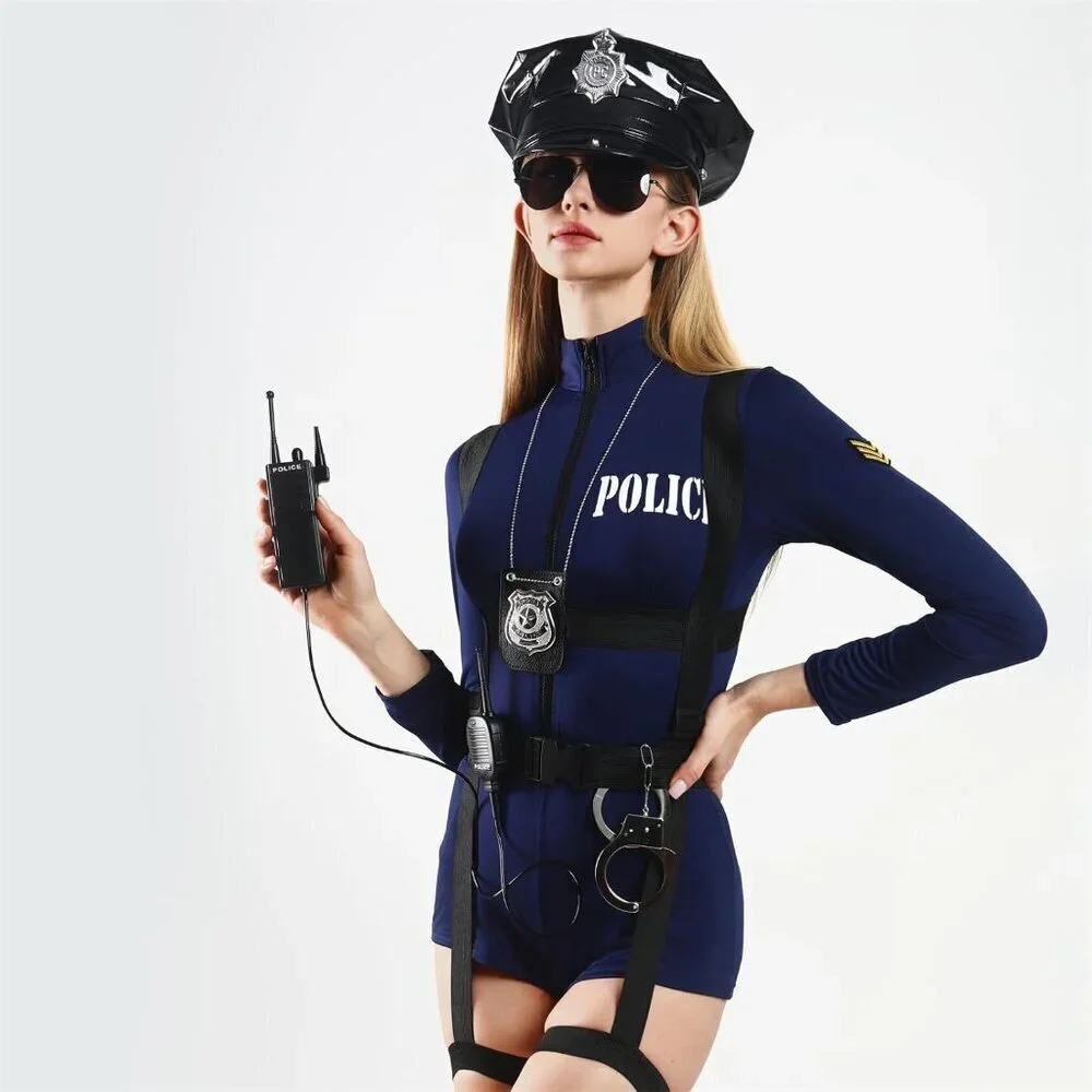 Police Costume Accessories Set Leather Cap Badge Sunglasses Handcuffs for Dress